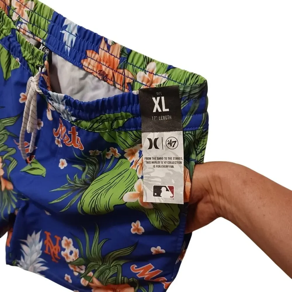 Hurley Swim Trunks MLB NEW YORK METS Men's XL BLUE Tropical Floral Board Shorts